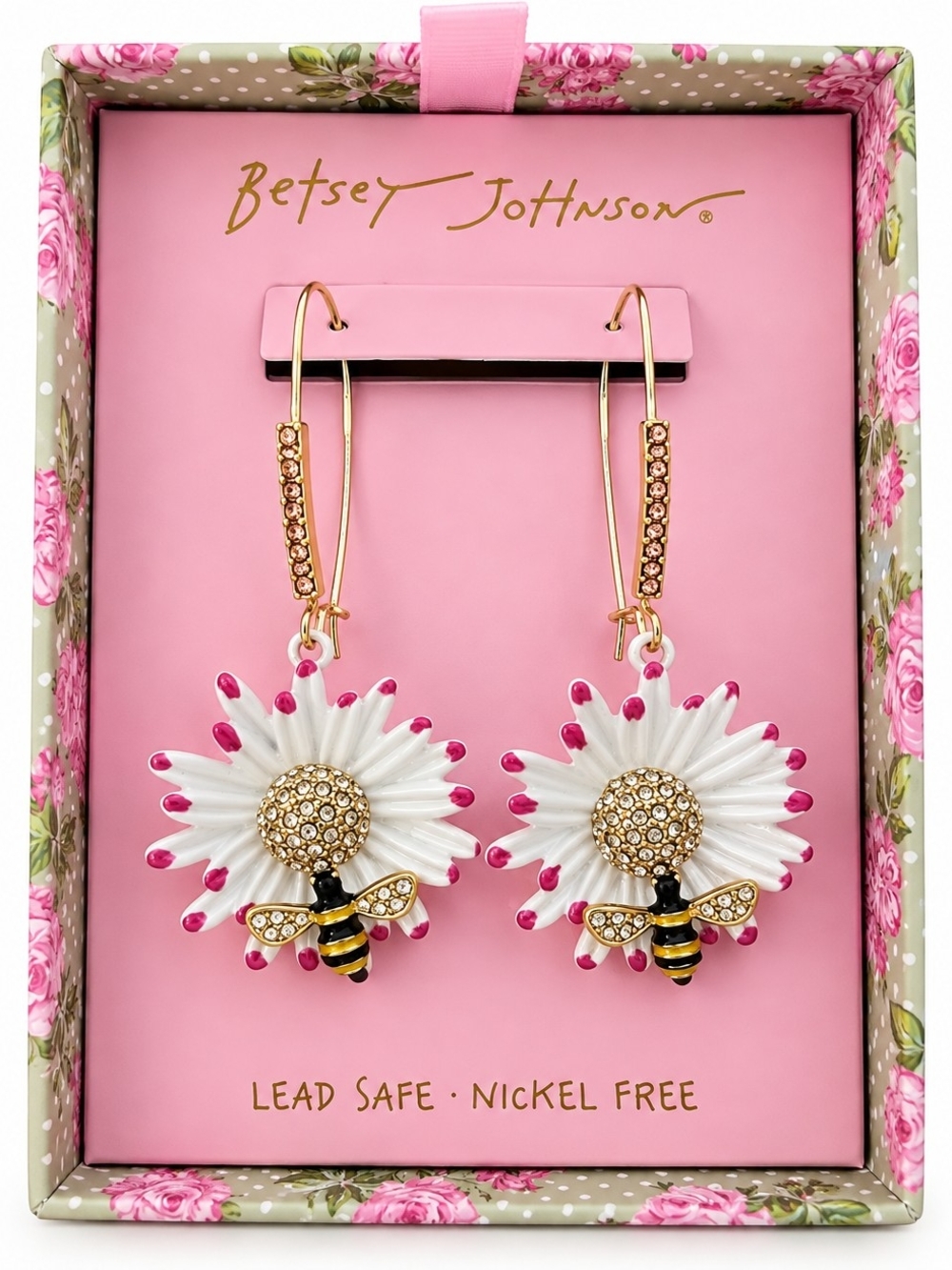 Betsey Johnson White Daisy Drop Earrings with Pink Tips & Bee Accents